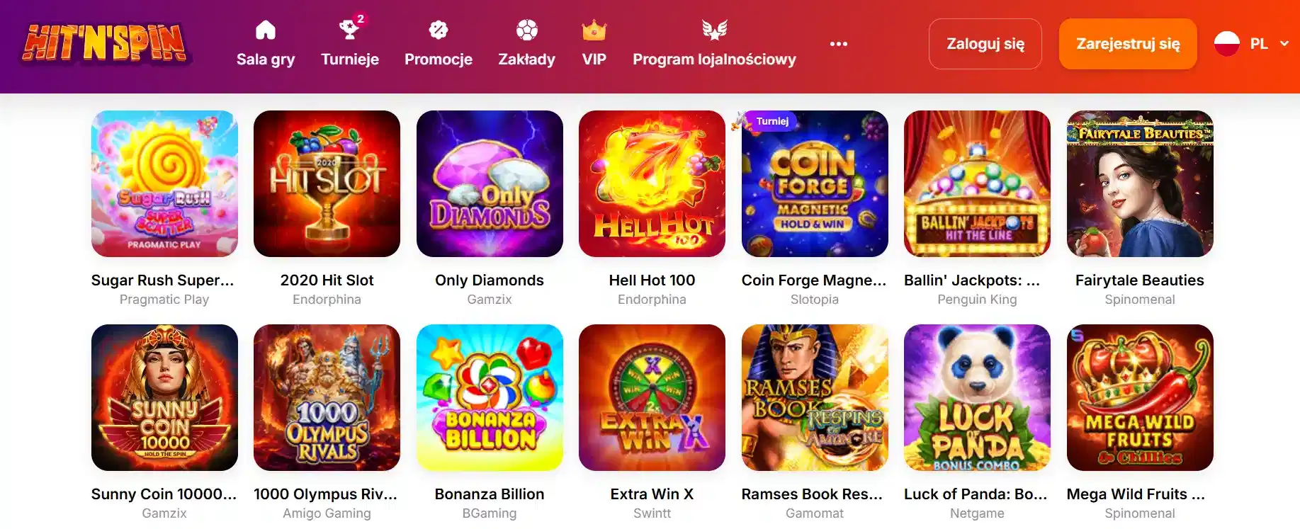 HitNSpin interfejs gier slotowych na stronie