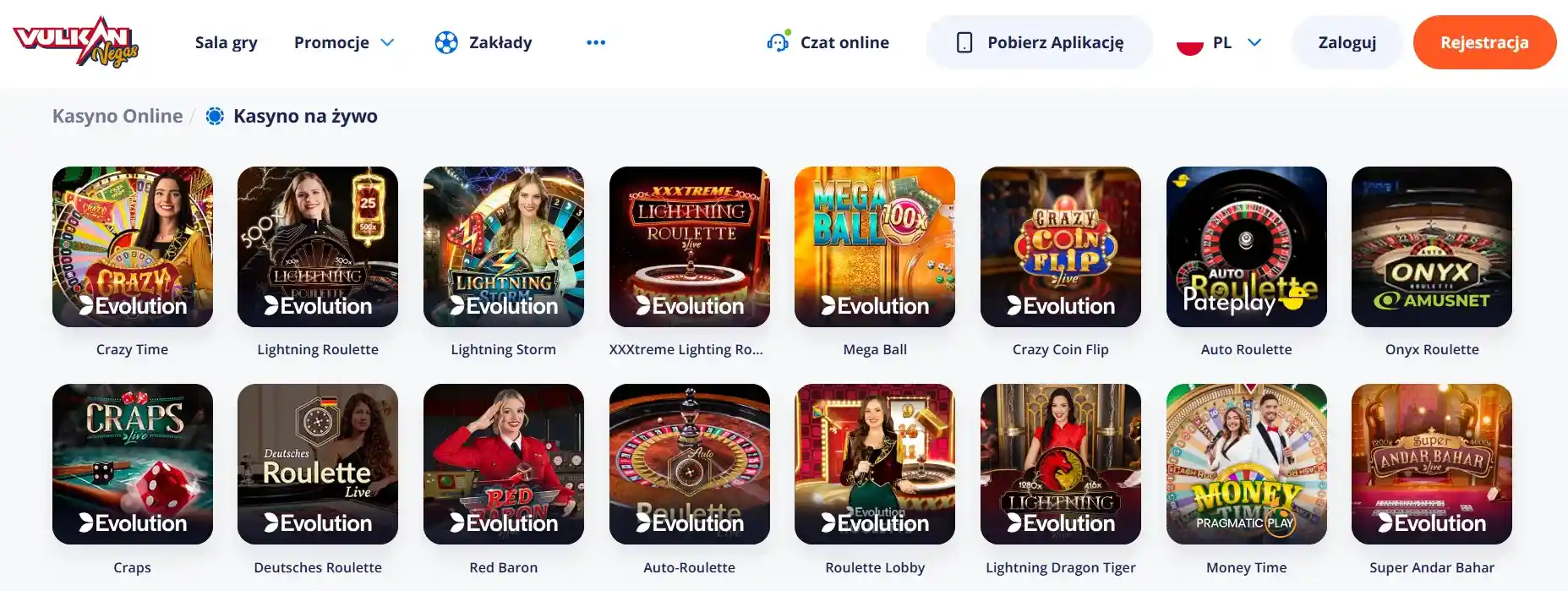 Vulkan Vegas strona interfejs gier na żywo na stronie